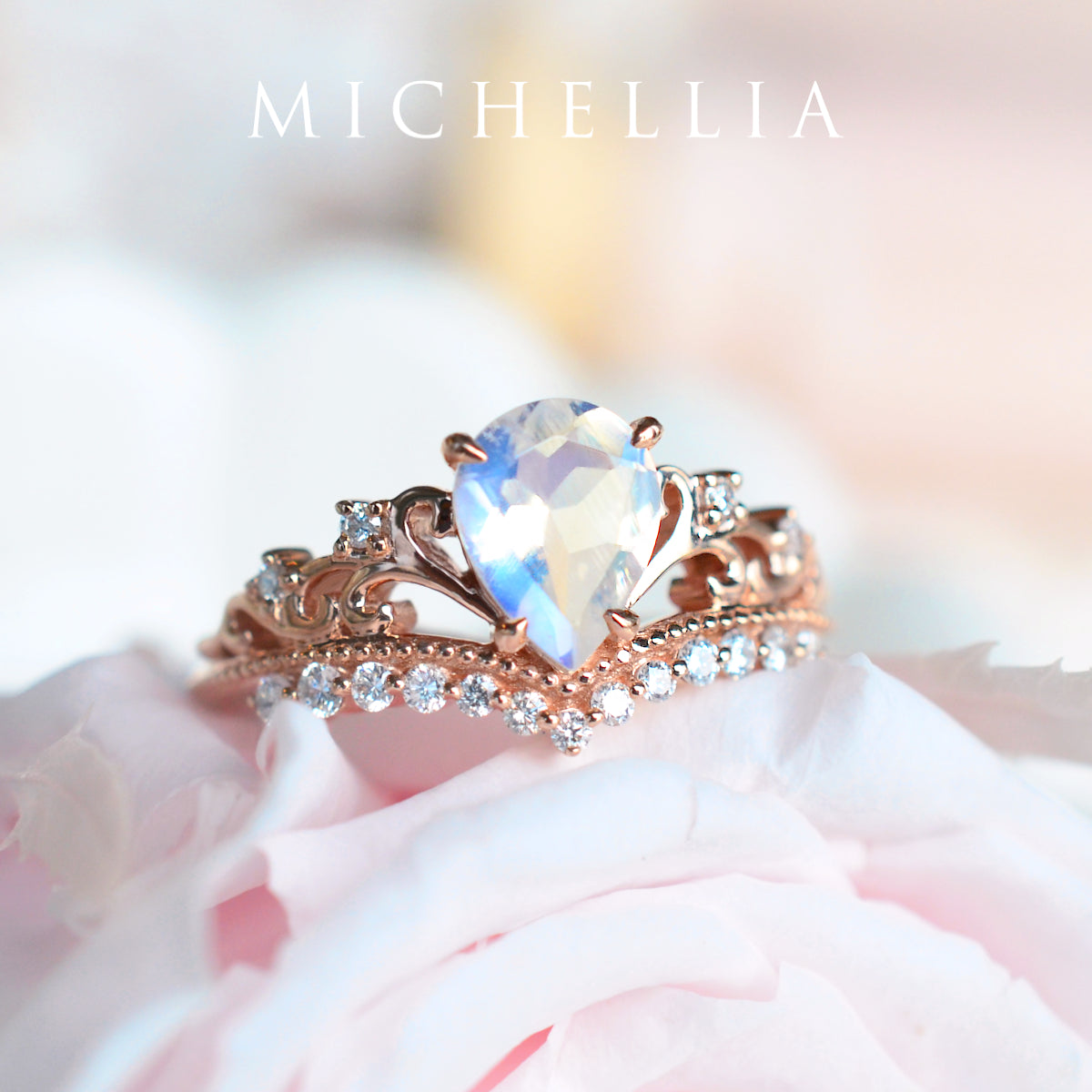 [Francesca] Heirloom Crown Pear Engagement Ring in Moonstone
