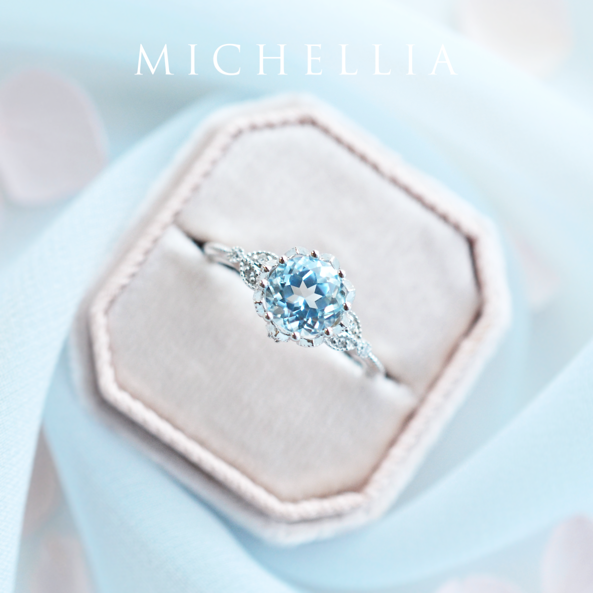 [Evanthe] Vintage Floral Engagement Ring in Aquamarine
