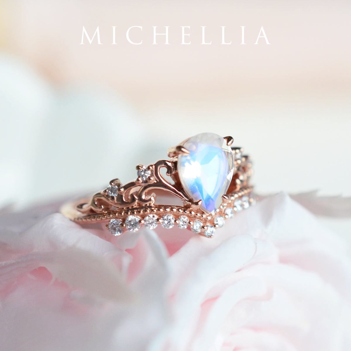 [Francesca] Heirloom Crown Pear Engagement Ring in Moonstone