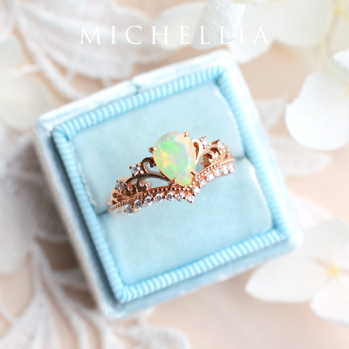 [Francesca] Heirloom Crown Pear Engagement Engagement Ring in Opal