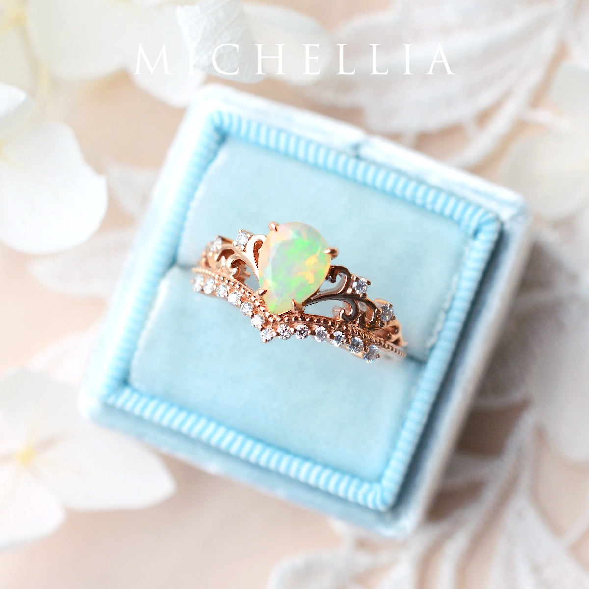 [Francesca] Heirloom Crown Pear Engagement Engagement Ring in Opal