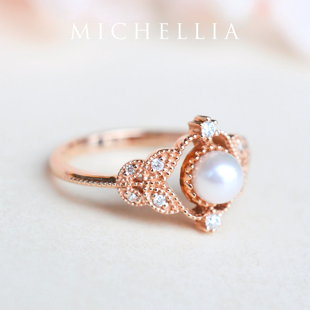 [Adeline] Vintage Rose Ring in Akoya Pearl