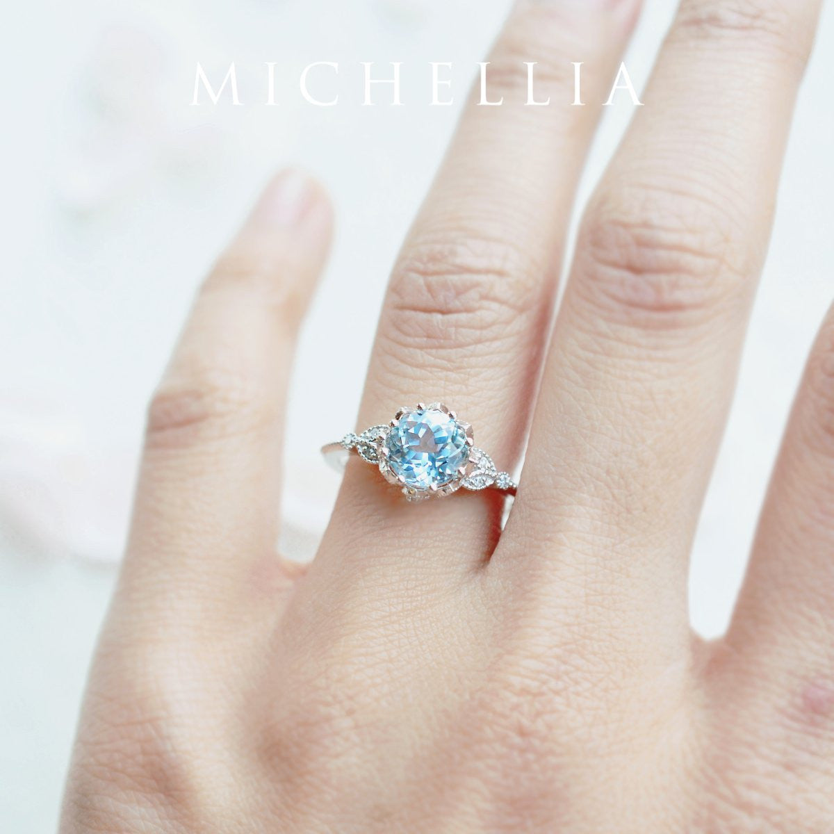 [Evanthe] Vintage Floral Engagement Ring in Aquamarine