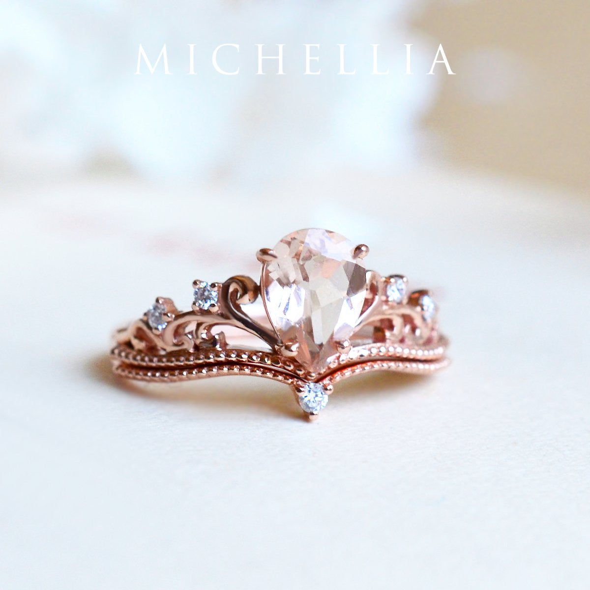 [Veronica] Vintage Crown Pear Engagement Ring in Morganite