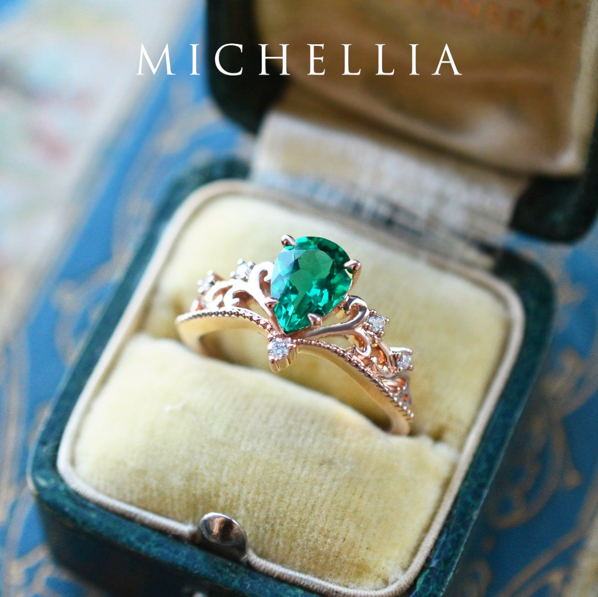 [Veronica] Vintage Crown Pear Engagement  Ring in Emerald