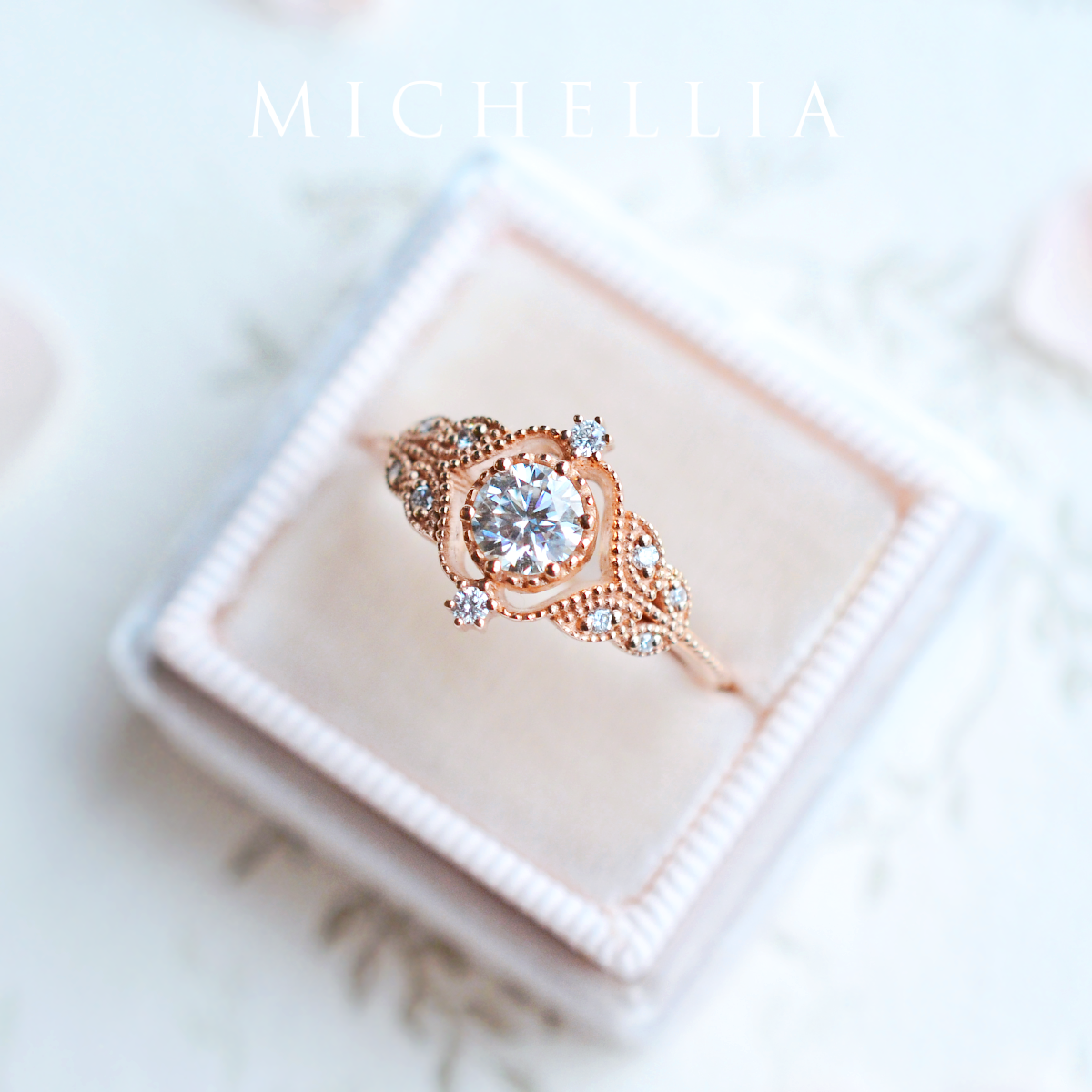 [Adeline] Vintage Rose Engagement Ring in Diamond / Moissanite