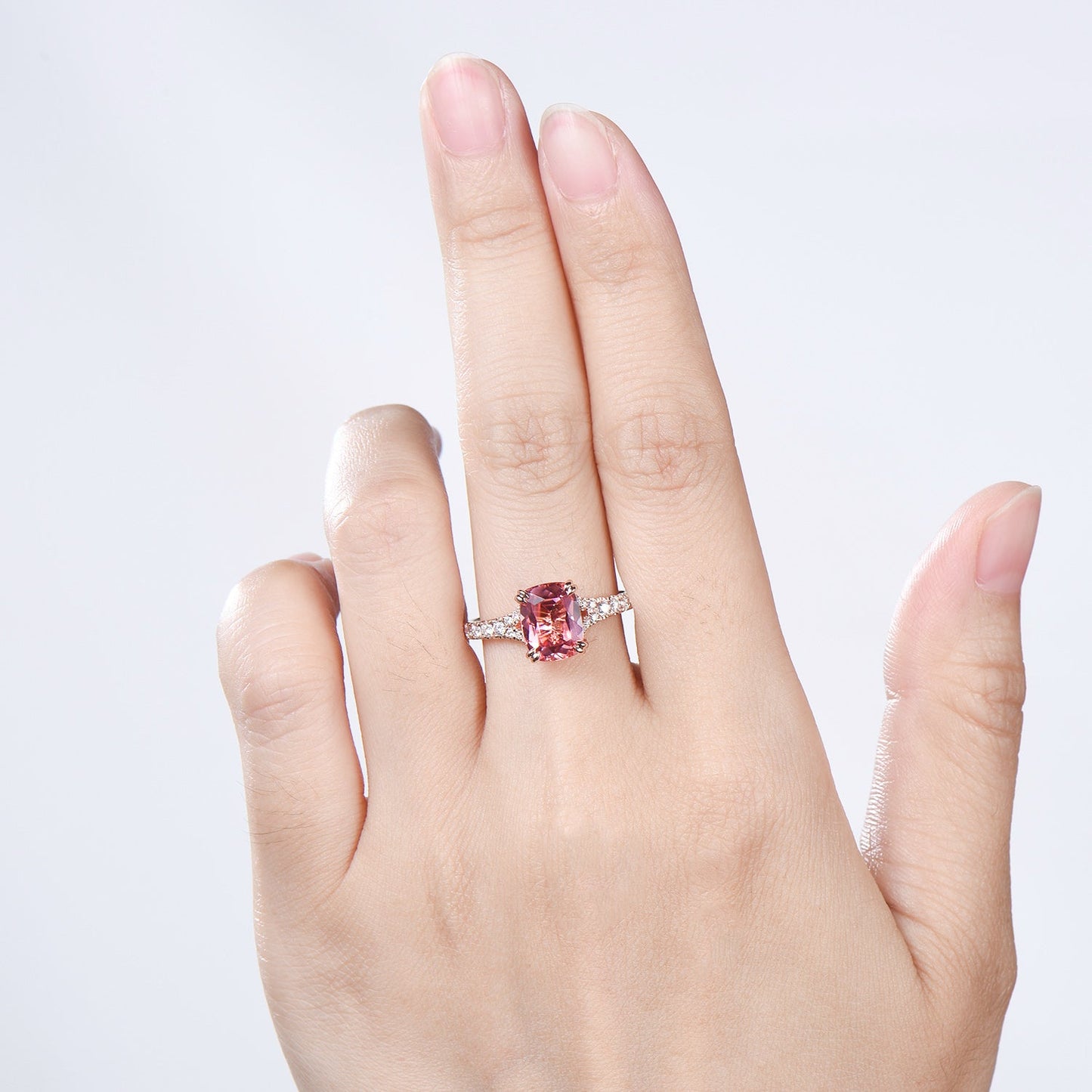 7x9mm Cushion Padparadscha Sapphire Engagement Ring, Split Shank Pave Diamond, Rose Gold Promise Ring