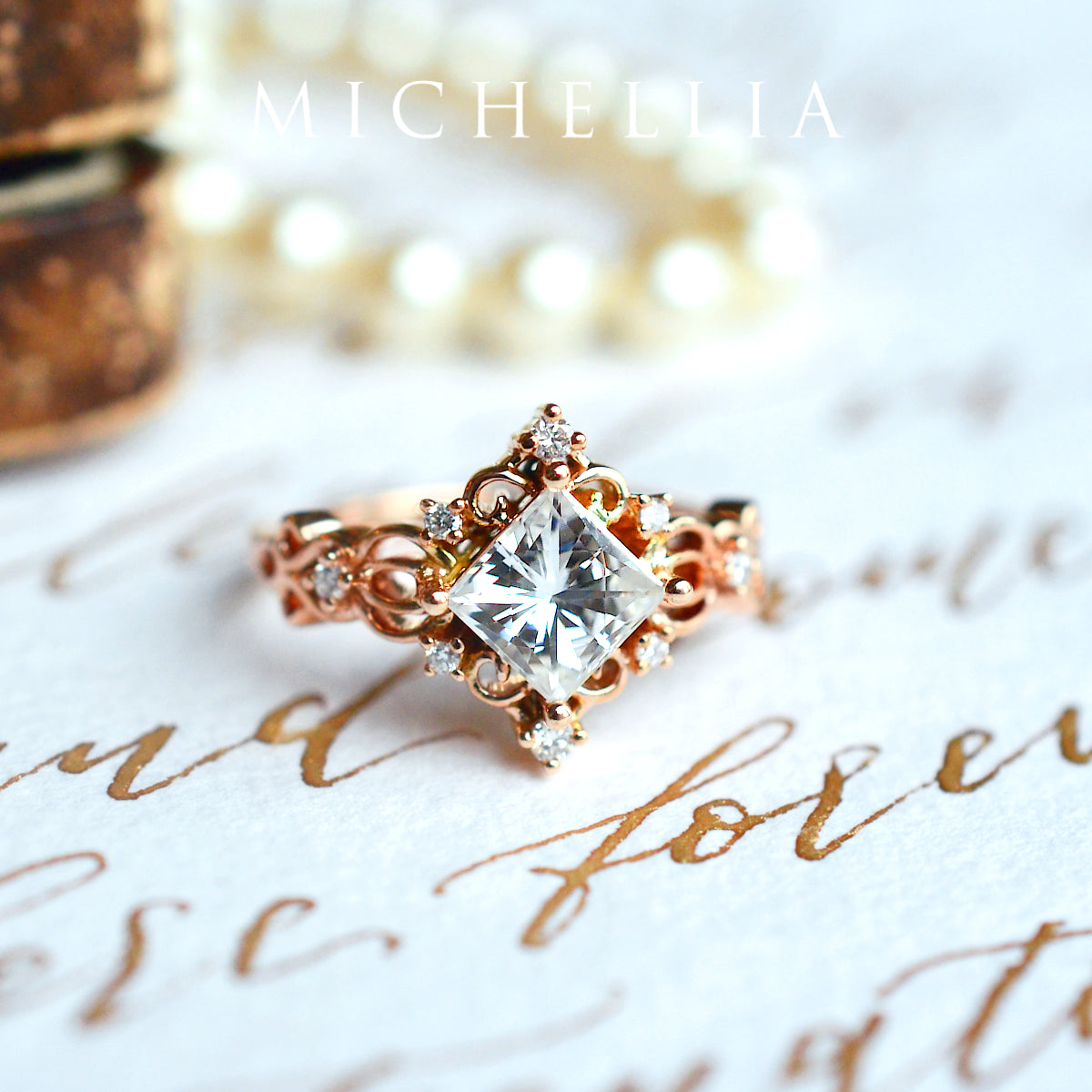[Elsa] Vintage Square Princess Cut Engagement Ring in Diamond / Moissanite