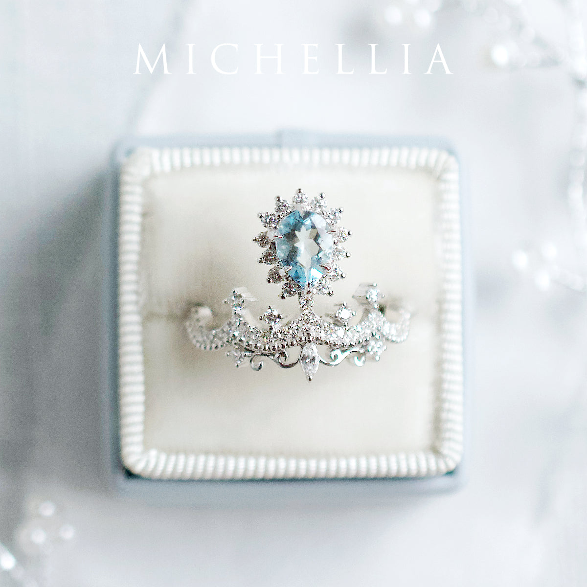 [Angelique] Venetian Crown Engagement Ring in Aquamarine