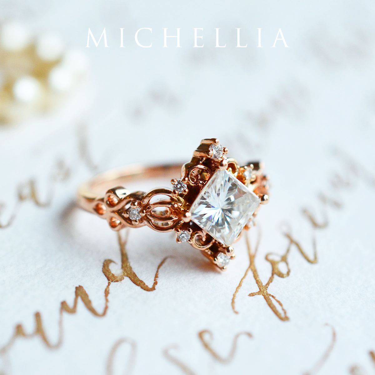 [Elsa] Vintage Square Princess Cut Engagement Ring in Diamond / Moissanite