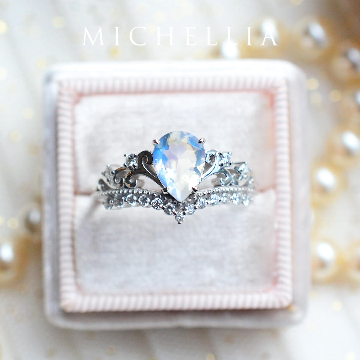 [Francesca] Heirloom Crown Pear Engagement Ring in Moonstone