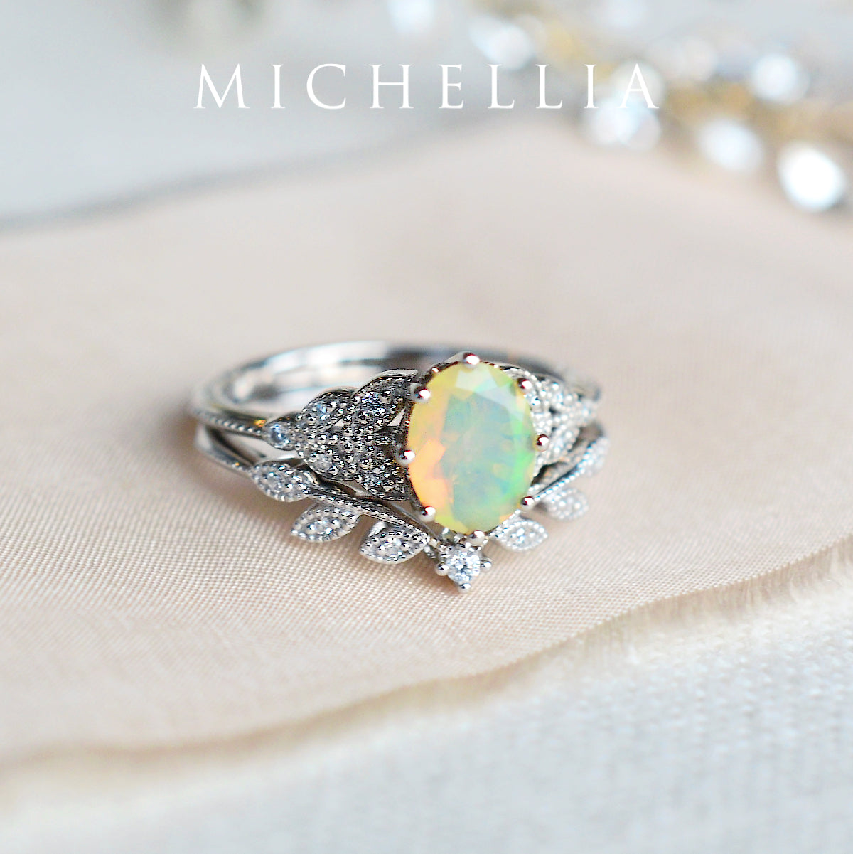 [Olivia] Classic Floral Oval Engagement Ring in Natural Australian Opal