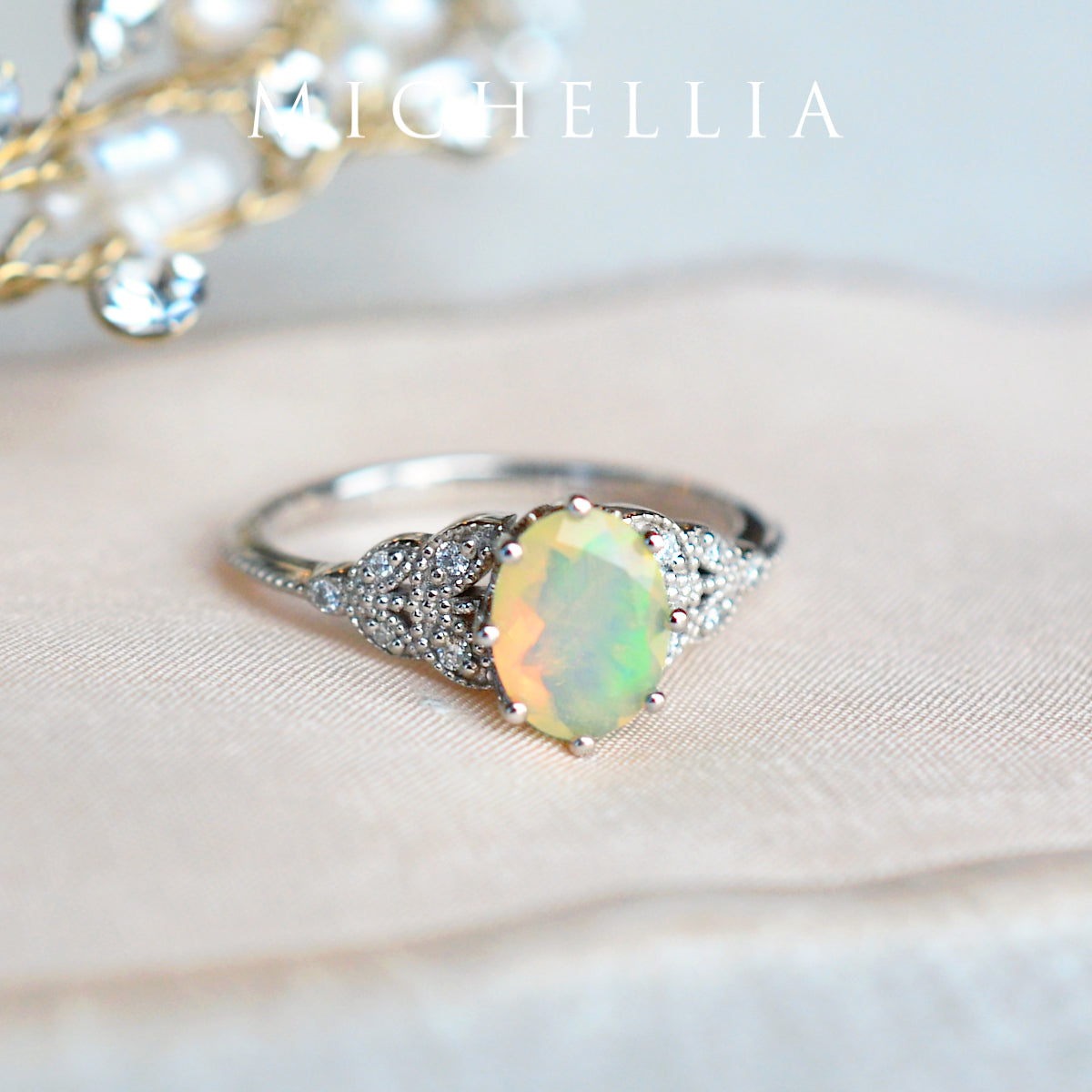 [Olivia] Classic Floral Oval Engagement Ring in Natural Australian Opal