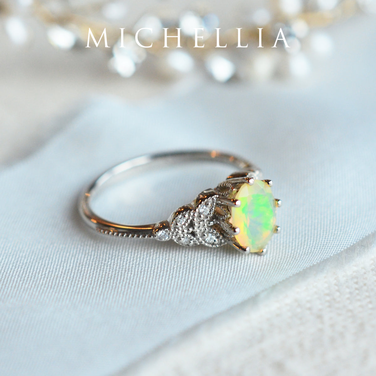 [Olivia] Classic Floral Oval Engagement Ring in Natural Australian Opal