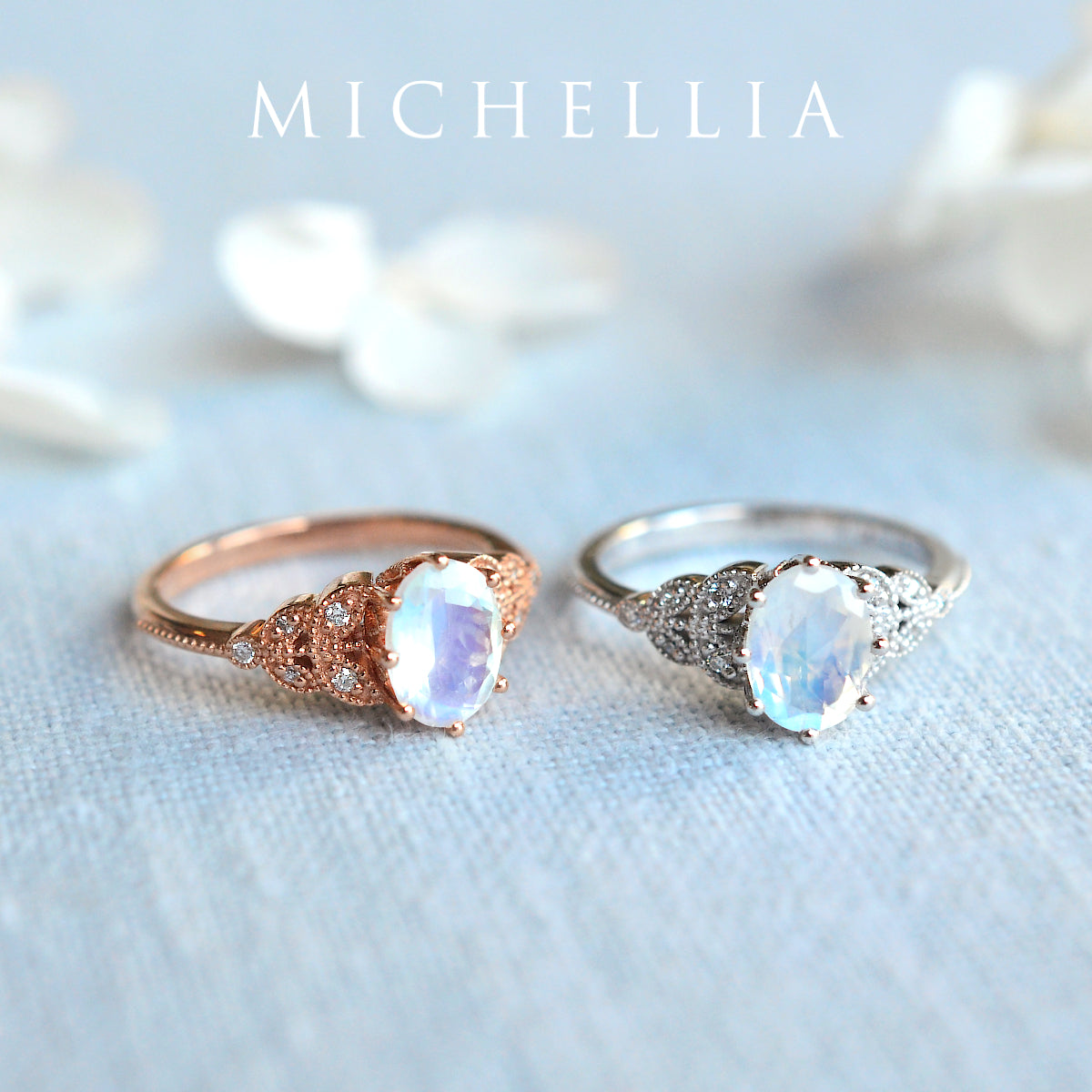 [Olivia] Classic Floral Oval Engagement Ring in Moonstone