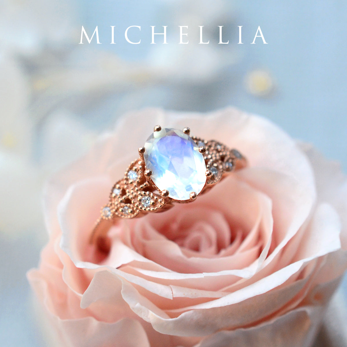 [Olivia] Classic Floral Oval Engagement Ring in Moonstone