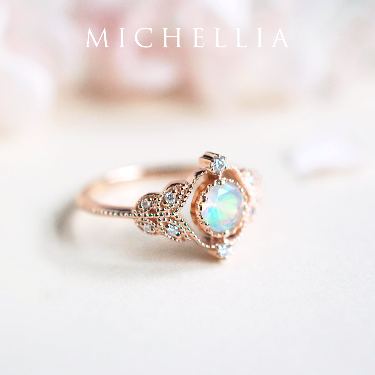 [Adeline] Vintage Rose Ring in Opal