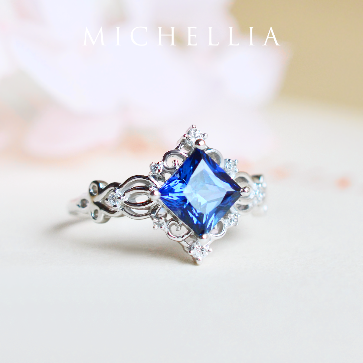 [Elsa] Vintage Square Princess Cut Engagement Ring in Lab Blue Sapphire