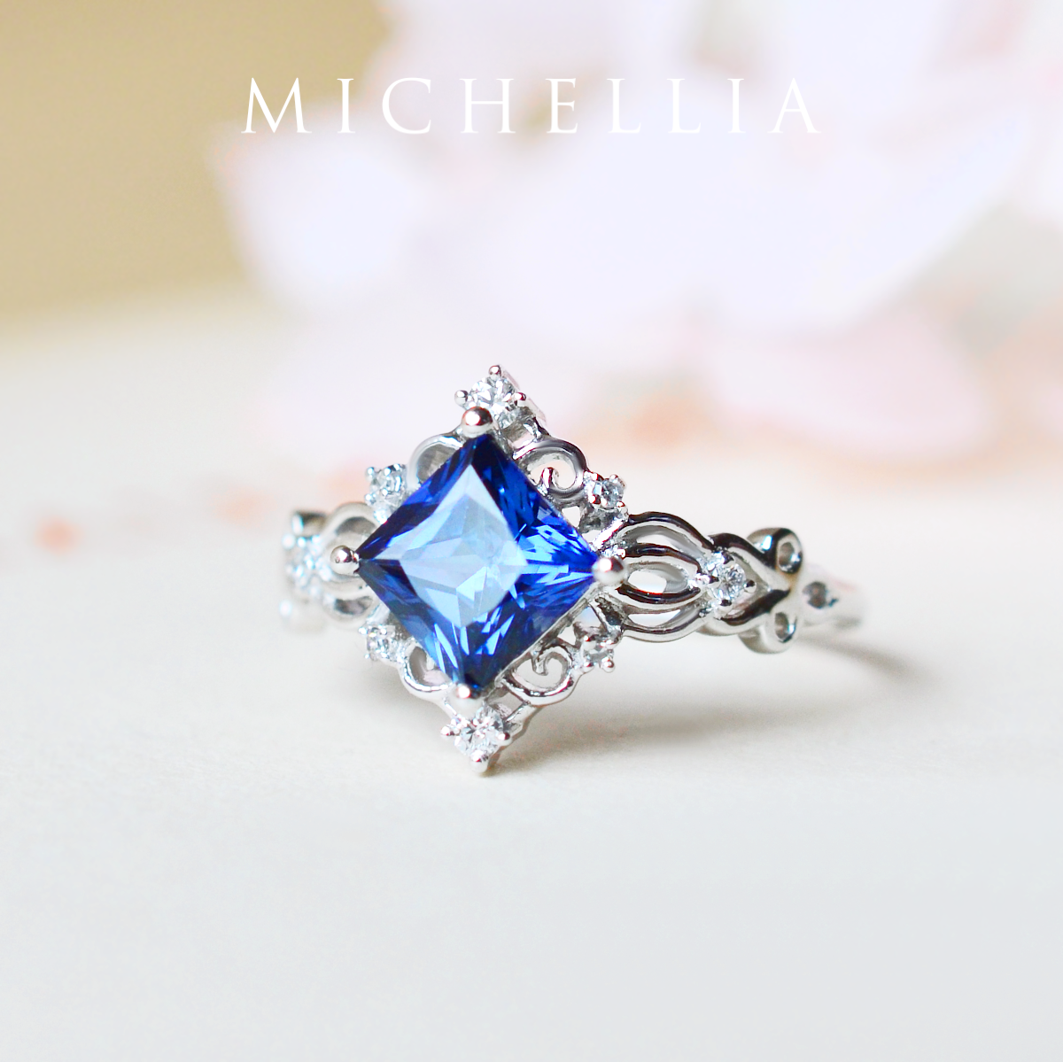 [Elsa] Vintage Square Princess Cut Engagement Ring in Lab Blue Sapphire