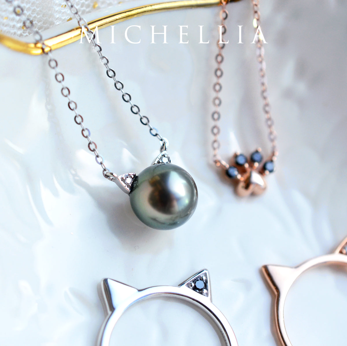 [Magic] Black Pearl and Diamond Cat Necklace