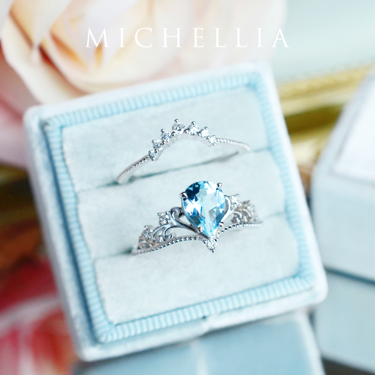 [Veronica] Vintage Crown Pear Engagement Ring in Aquamarine