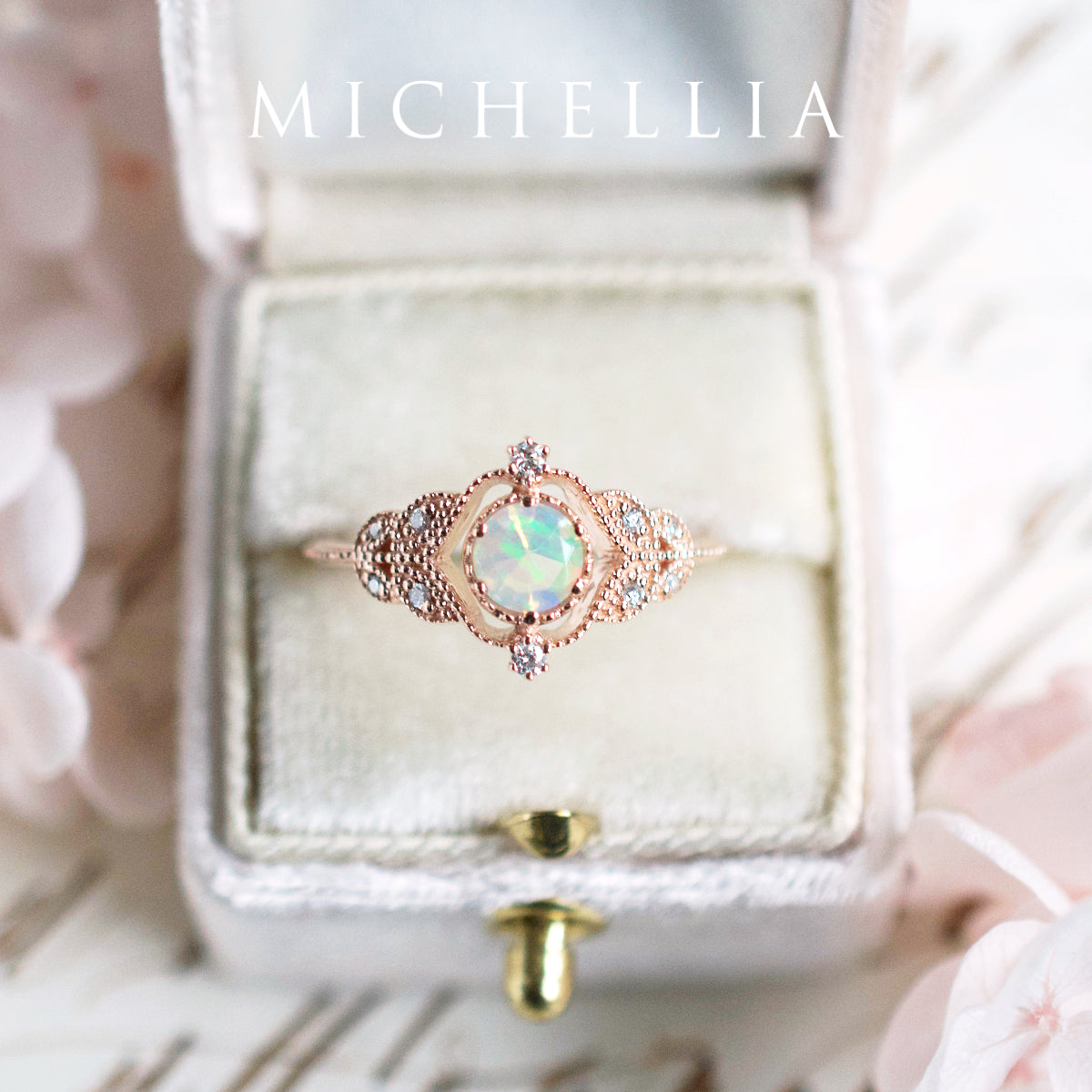 [Adeline] Vintage Rose Ring in Opal