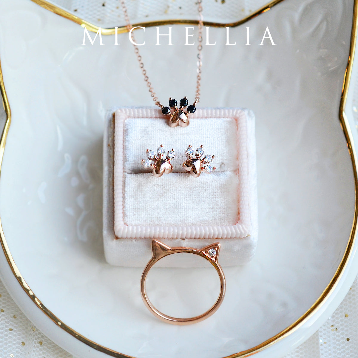 [Beans] Dog & Cat Paw Diamond Necklace