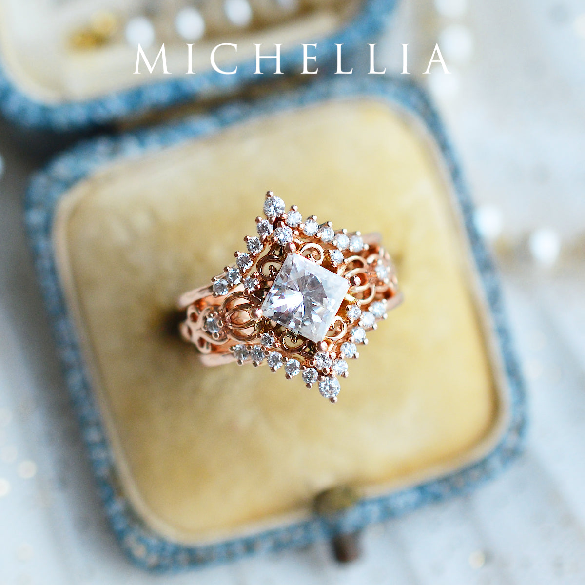 [Elsa] Vintage Square Princess Cut Engagement Ring in Diamond / Moissanite