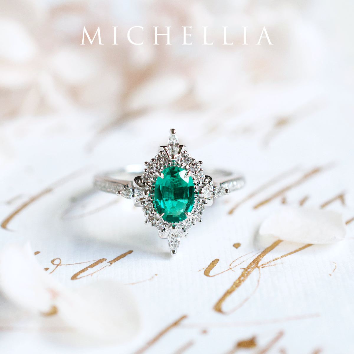 [Alessandra] Art Deco Oval Cut Ring in Lab Emerald