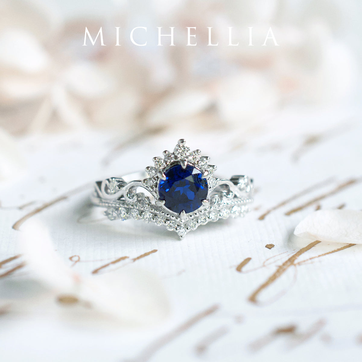 [Theia] Heirloom Crown Engagement Ring in Lab Blue Sapphire