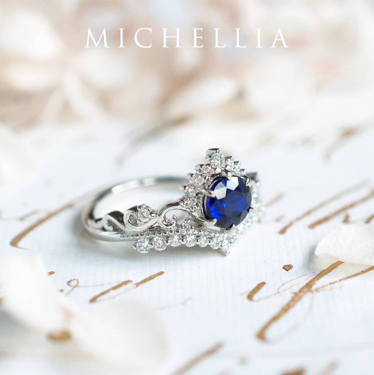 [Theia] Heirloom Crown Engagement Ring in Lab Blue Sapphire