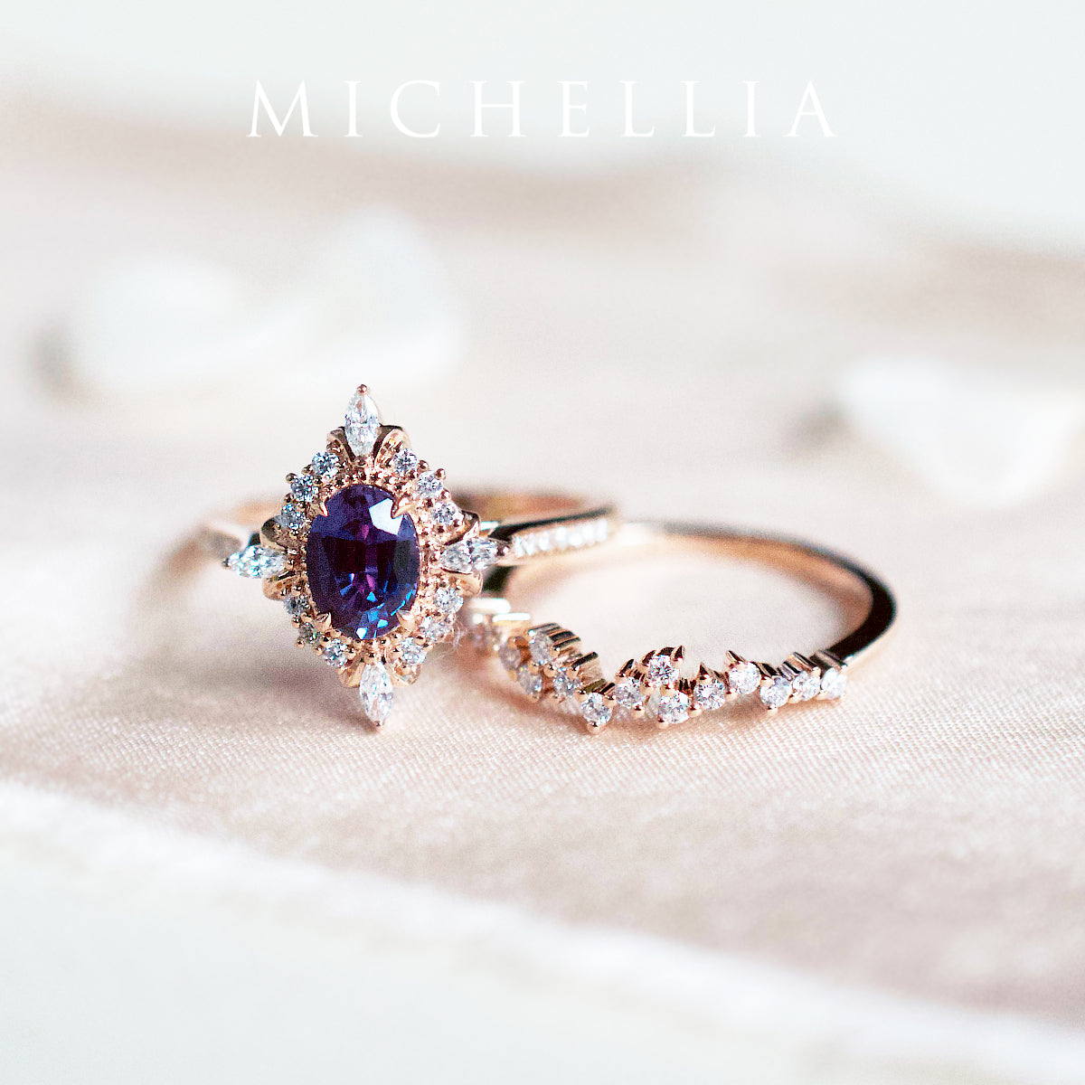 [Alessandra] Art Deco Oval Engagement Ring in Lab Alexandrite