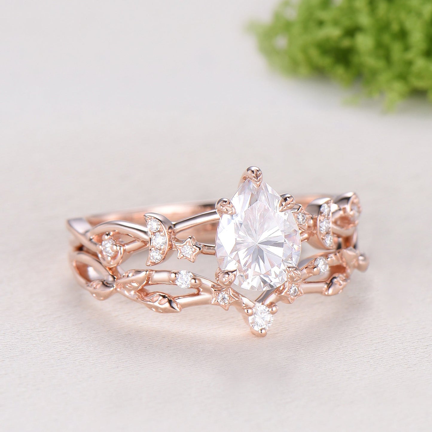 Vintage Pear Shaped Diamond Engagement Ring Set Moon Star Rose Gold Moissanite Wedding Ring Set Nature Inspired Twig Vine Anniversary Ring