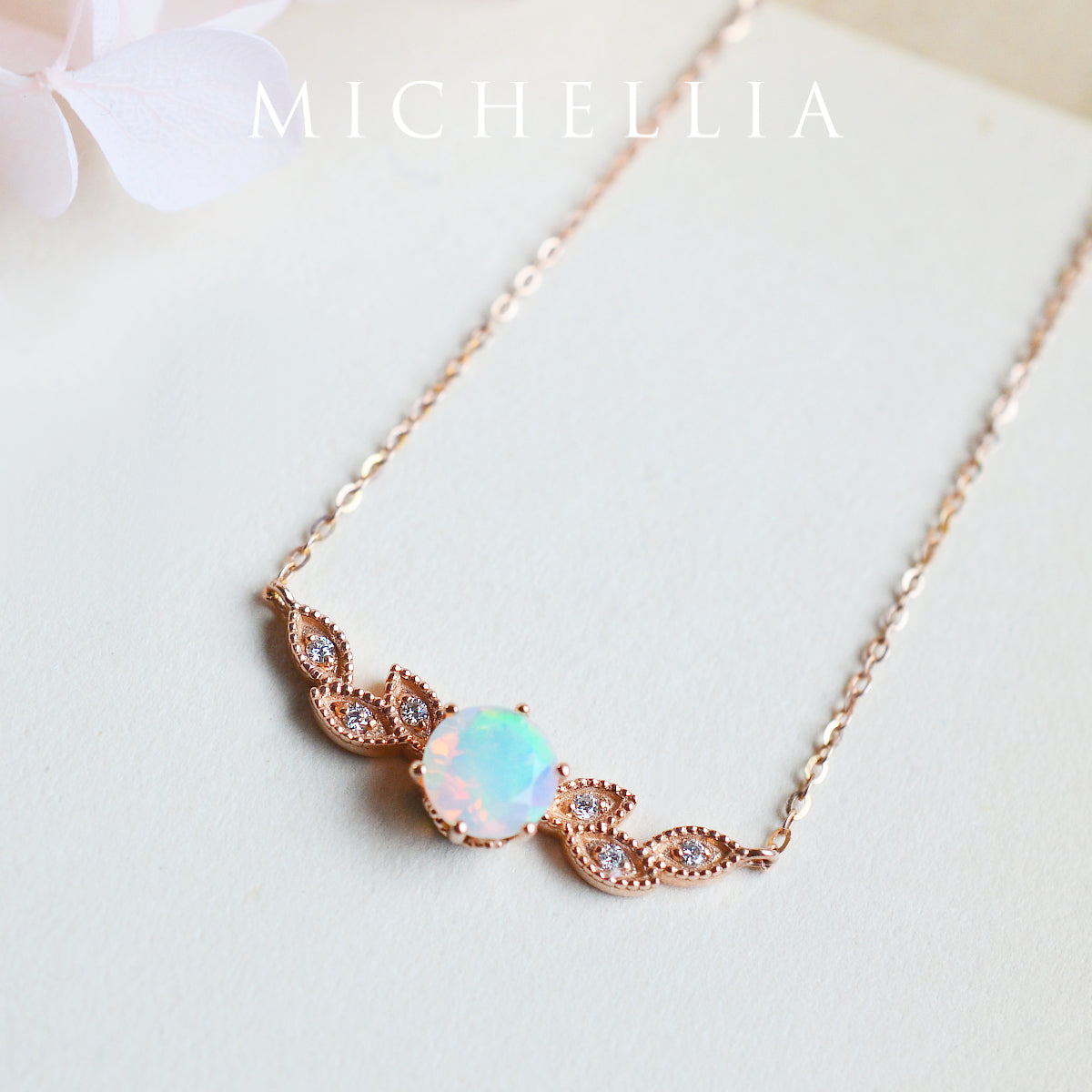 [Dahlia] Floral Leaf Necklace in Opal