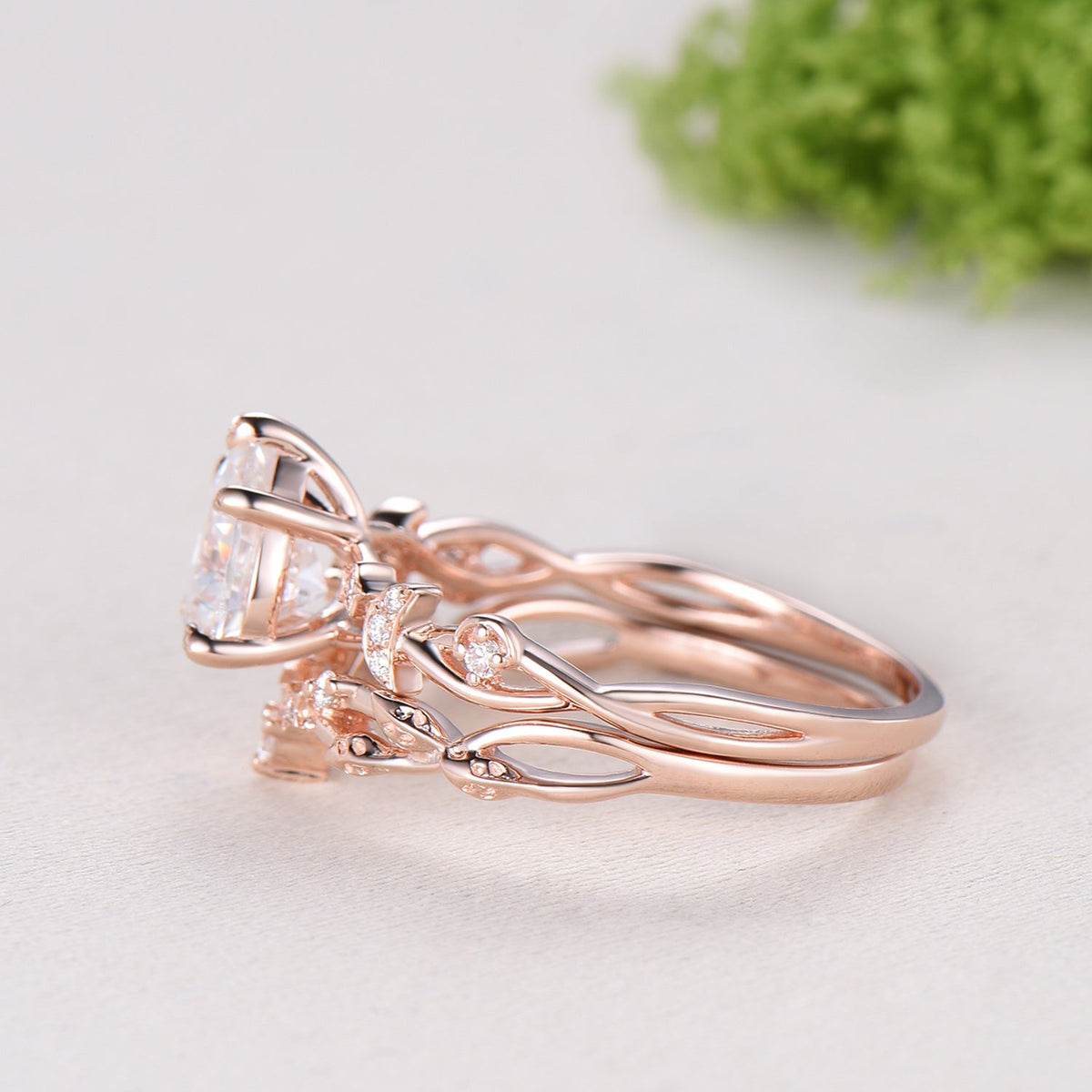 Vintage Pear Shaped Diamond Engagement Ring Set Moon Star Rose Gold Moissanite Wedding Ring Set Nature Inspired Twig Vine Anniversary Ring