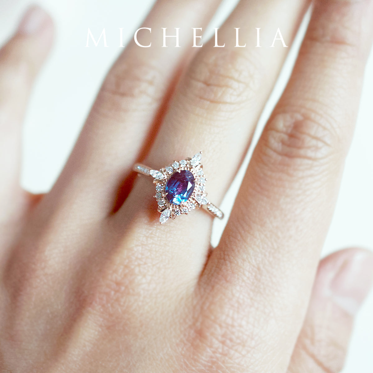 [Alessandra] Art Deco Oval Engagement Ring in Lab Alexandrite