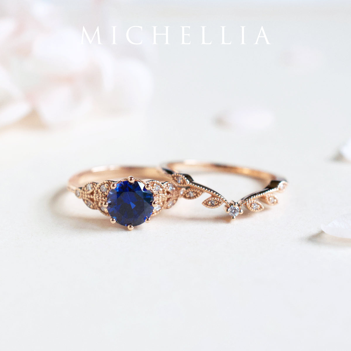 [Kerensa] Classic Floral Engagement Ring in Lab Blue Sapphire