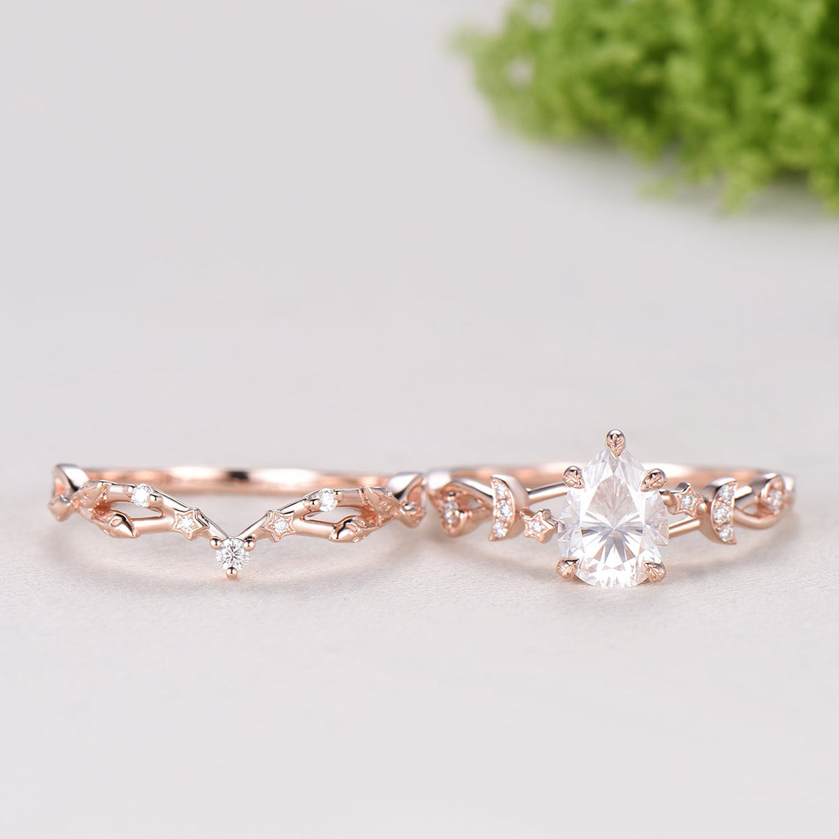 Vintage Pear Shaped Diamond Engagement Ring Set Moon Star Rose Gold Moissanite Wedding Ring Set Nature Inspired Twig Vine Anniversary Ring