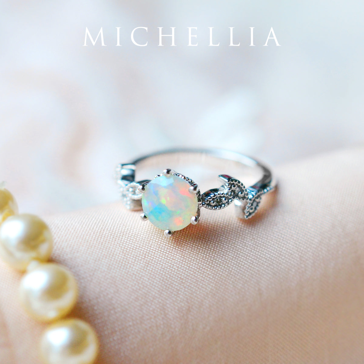 [Dahlia] Petite Floral Engagement Ring in Opal