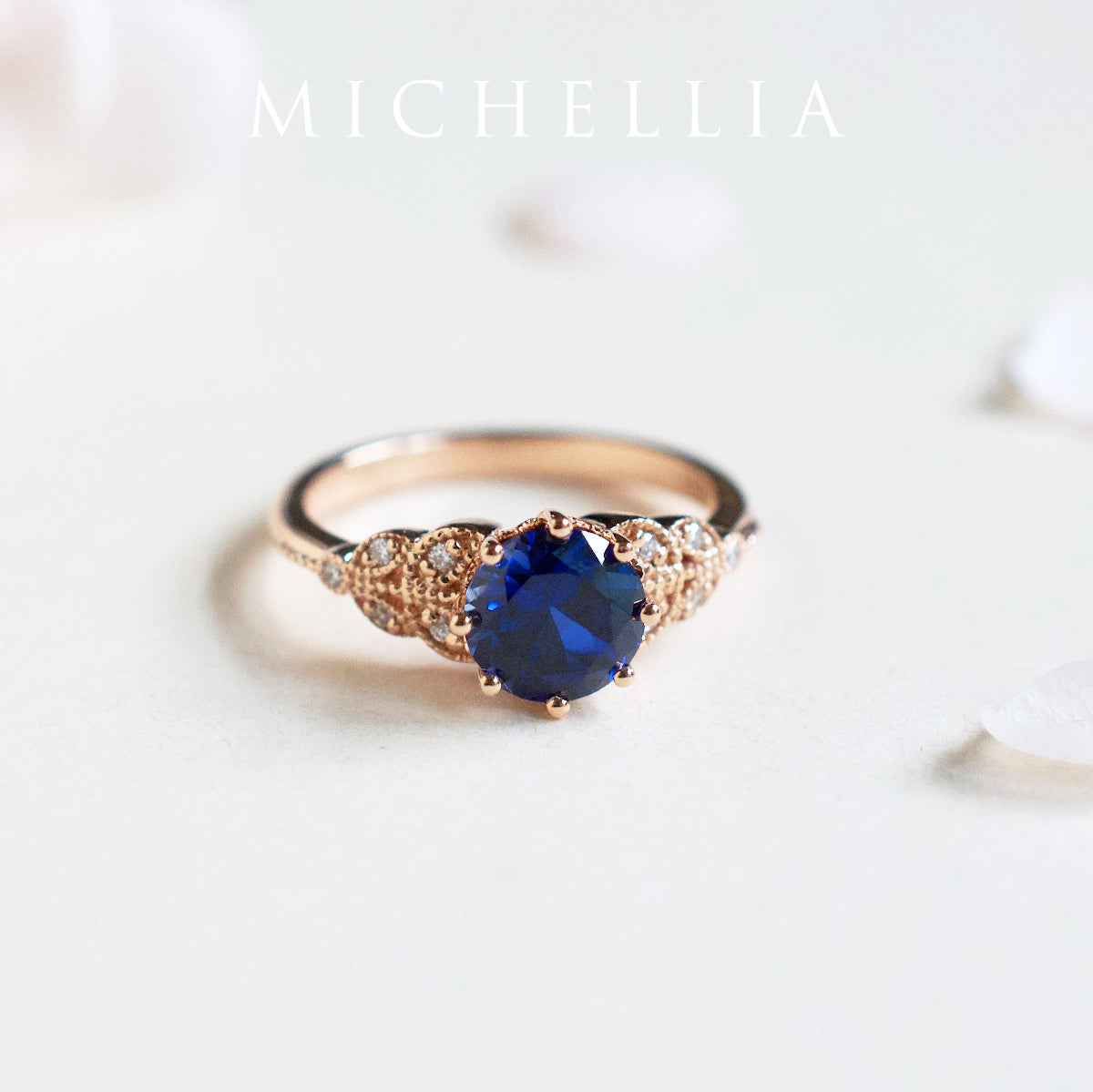[Kerensa] Classic Floral Engagement Ring in Lab Blue Sapphire