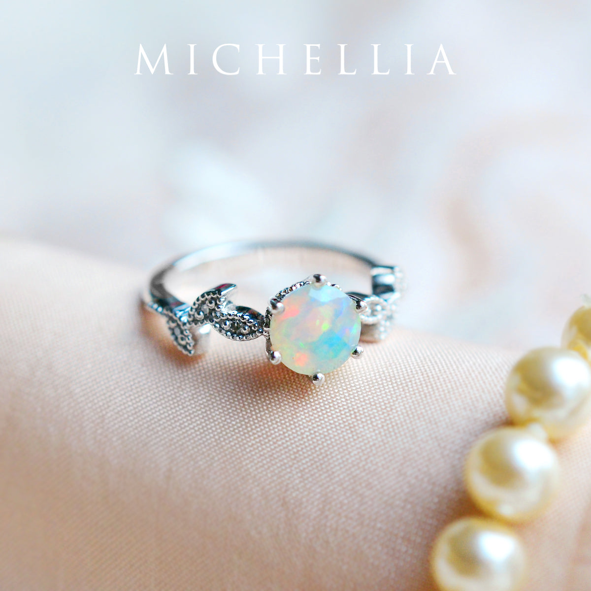 [Dahlia] Petite Floral Engagement Ring in Opal