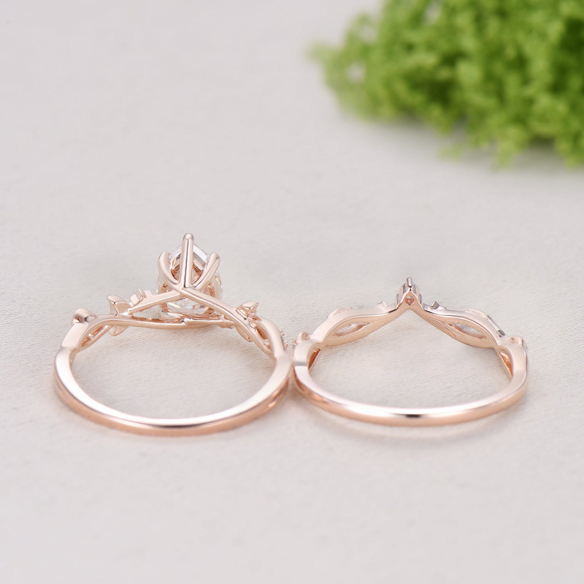 Vintage Pear Shaped Diamond Engagement Ring Set Moon Star Rose Gold Moissanite Wedding Ring Set Nature Inspired Twig Vine Anniversary Ring