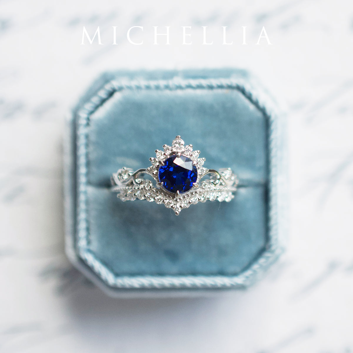 [Theia] Heirloom Crown Engagement Ring in Lab Blue Sapphire