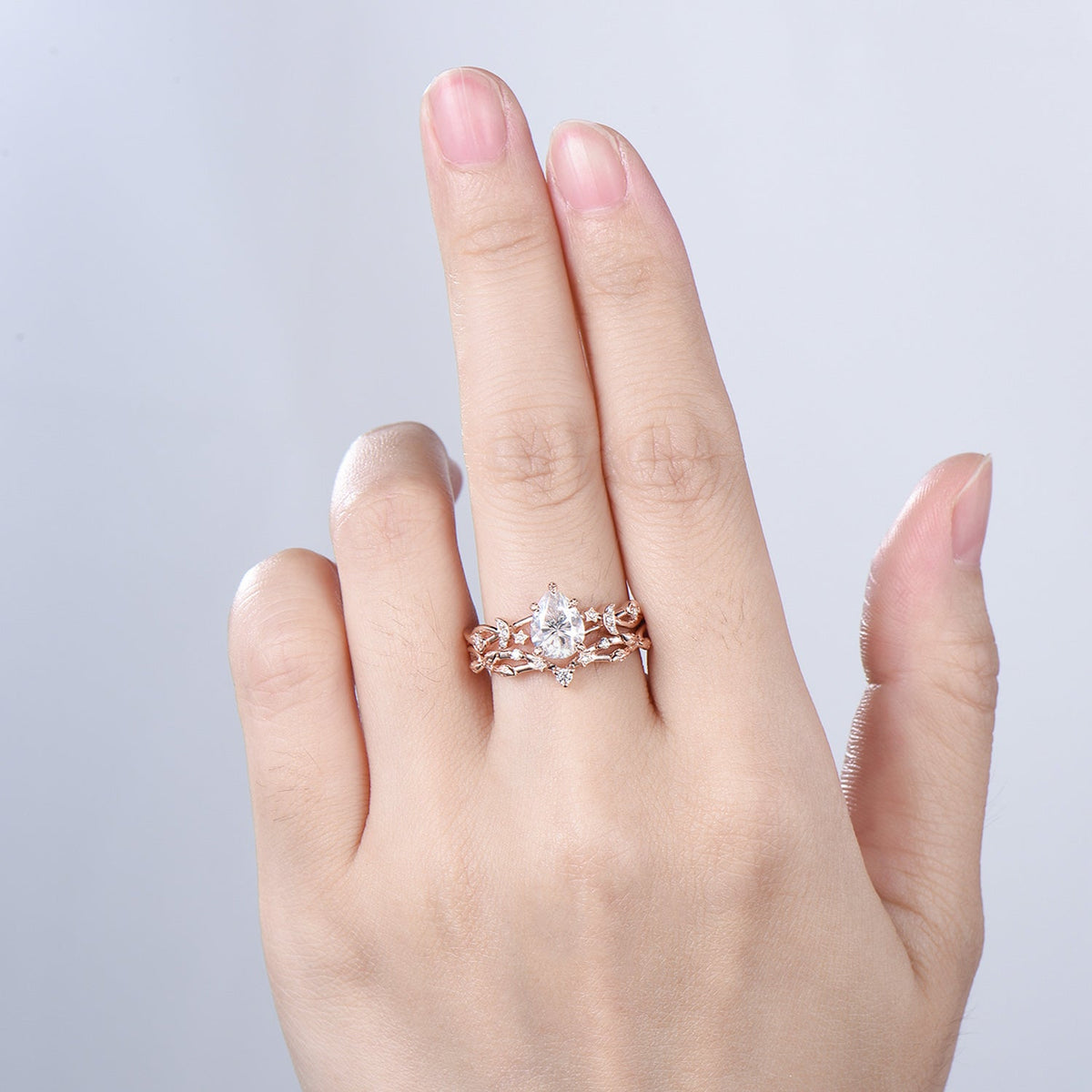 Vintage Pear Shaped Diamond Engagement Ring Set Moon Star Rose Gold Moissanite Wedding Ring Set Nature Inspired Twig Vine Anniversary Ring