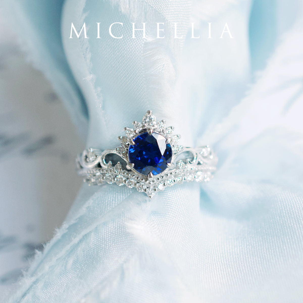[Theia] Heirloom Crown Engagement Ring in Lab Blue Sapphire