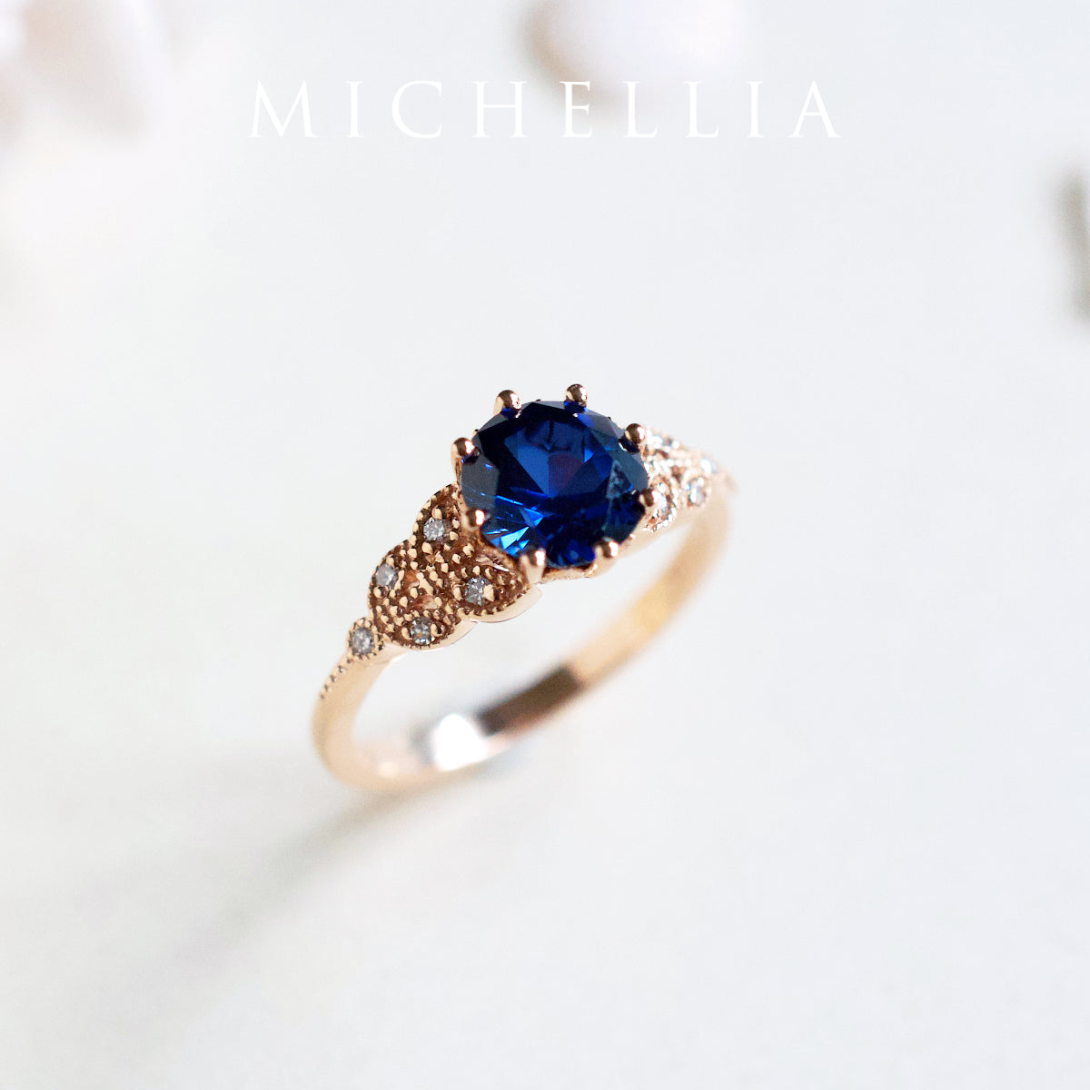 [Kerensa] Classic Floral Engagement Ring in Lab Blue Sapphire