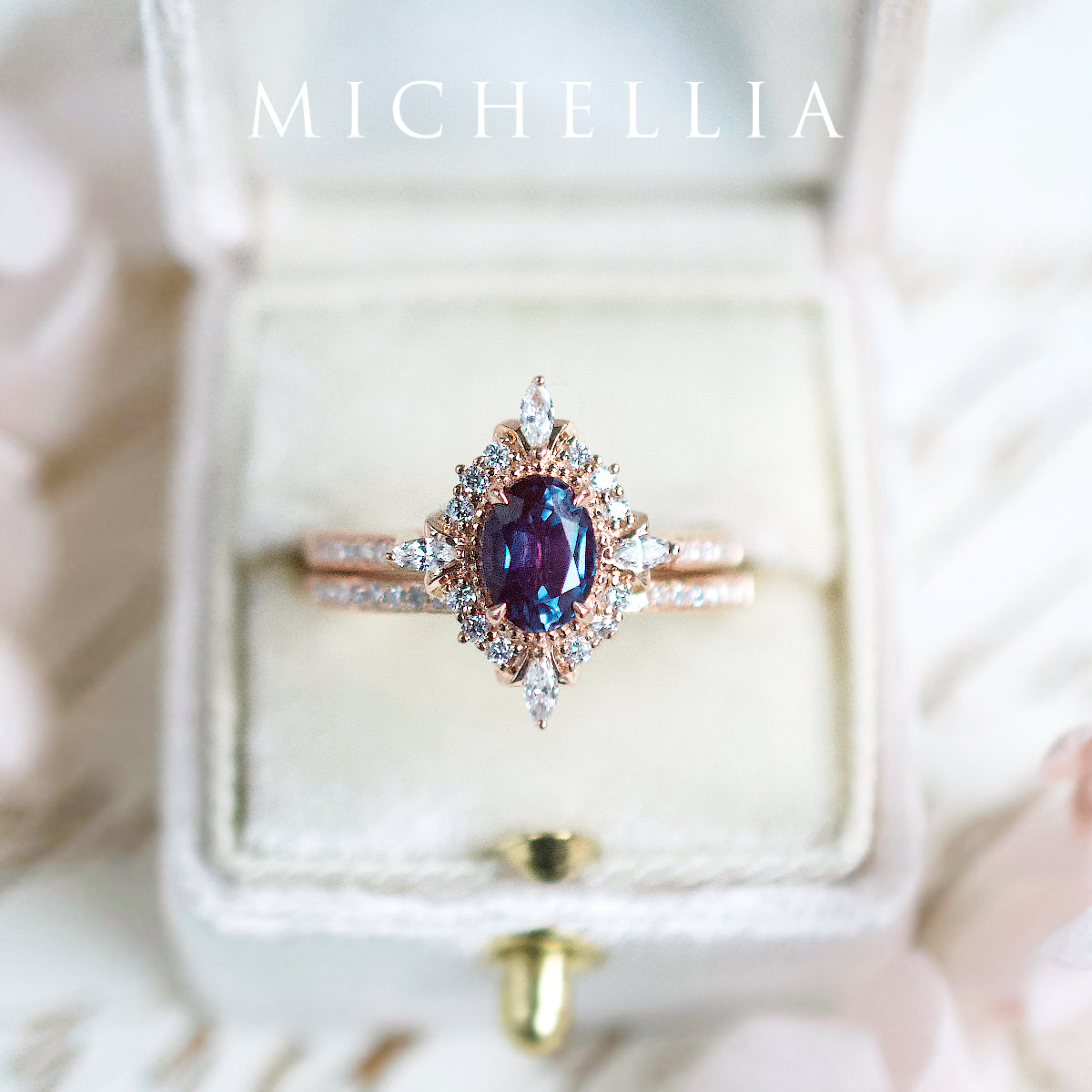 [Alessandra] Art Deco Oval Engagement Ring in Lab Alexandrite