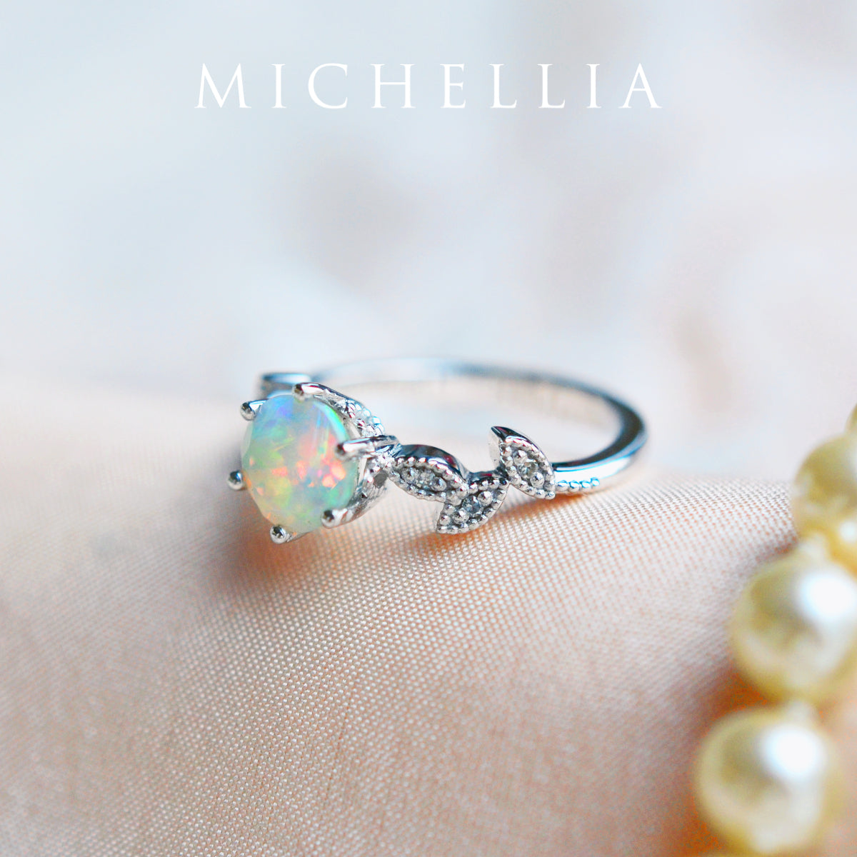 [Dahlia] Petite Floral Engagement Ring in Opal