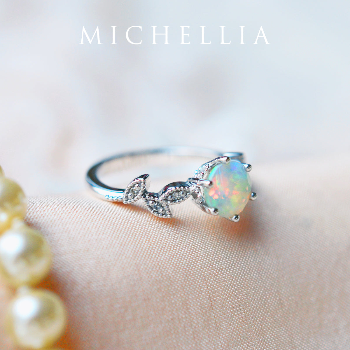 [Dahlia] Petite Floral Engagement Ring in Opal