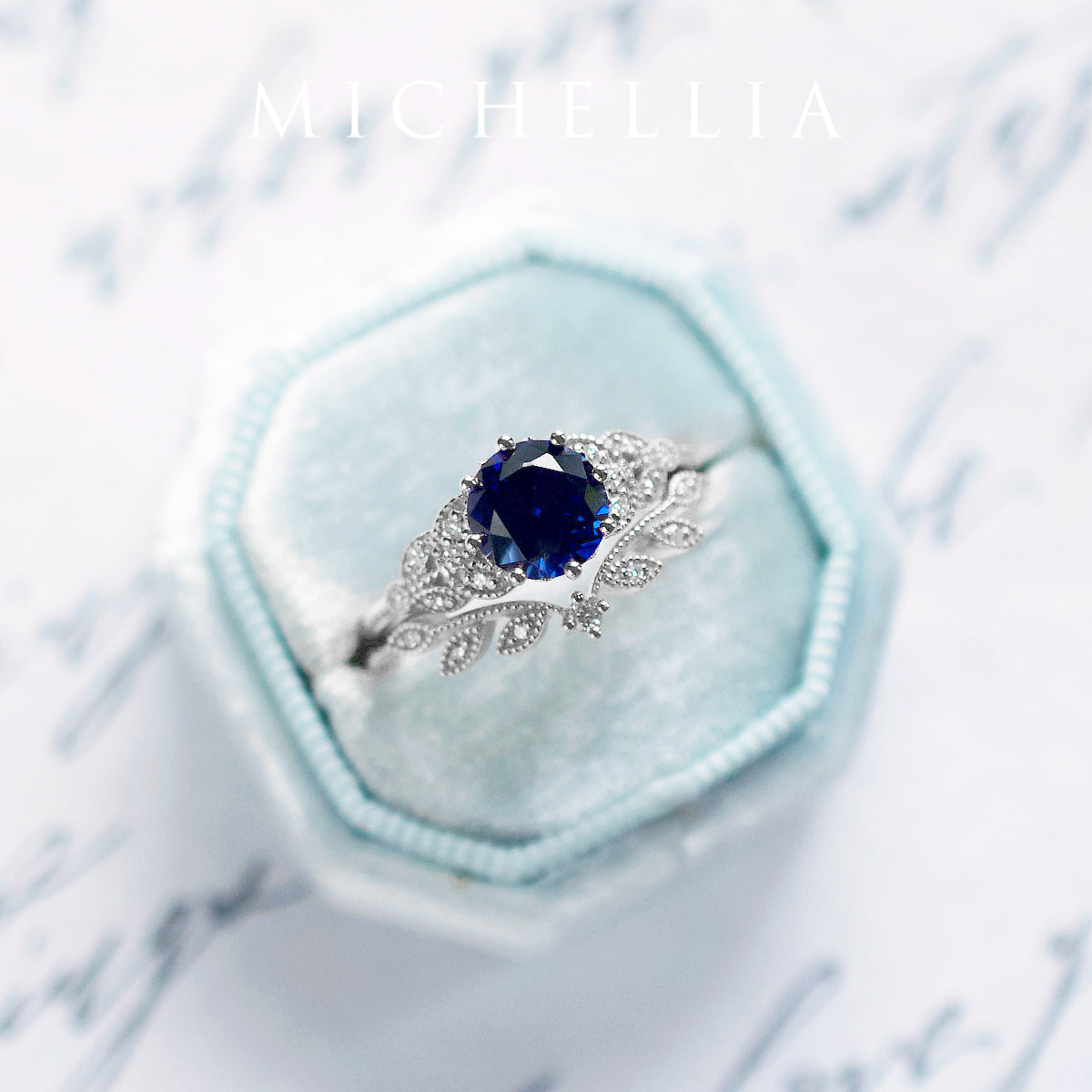 [Kerensa] Classic Floral Engagement Ring in Lab Blue Sapphire